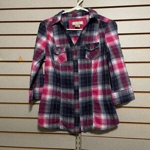 Arizona Jean Company Girls Plaid Button Up Shirt 3/4 Sleeve Size Medium